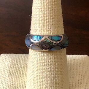 Vintage Sterling Silver Abalone Mosaic Inlay Ring 7-3/4